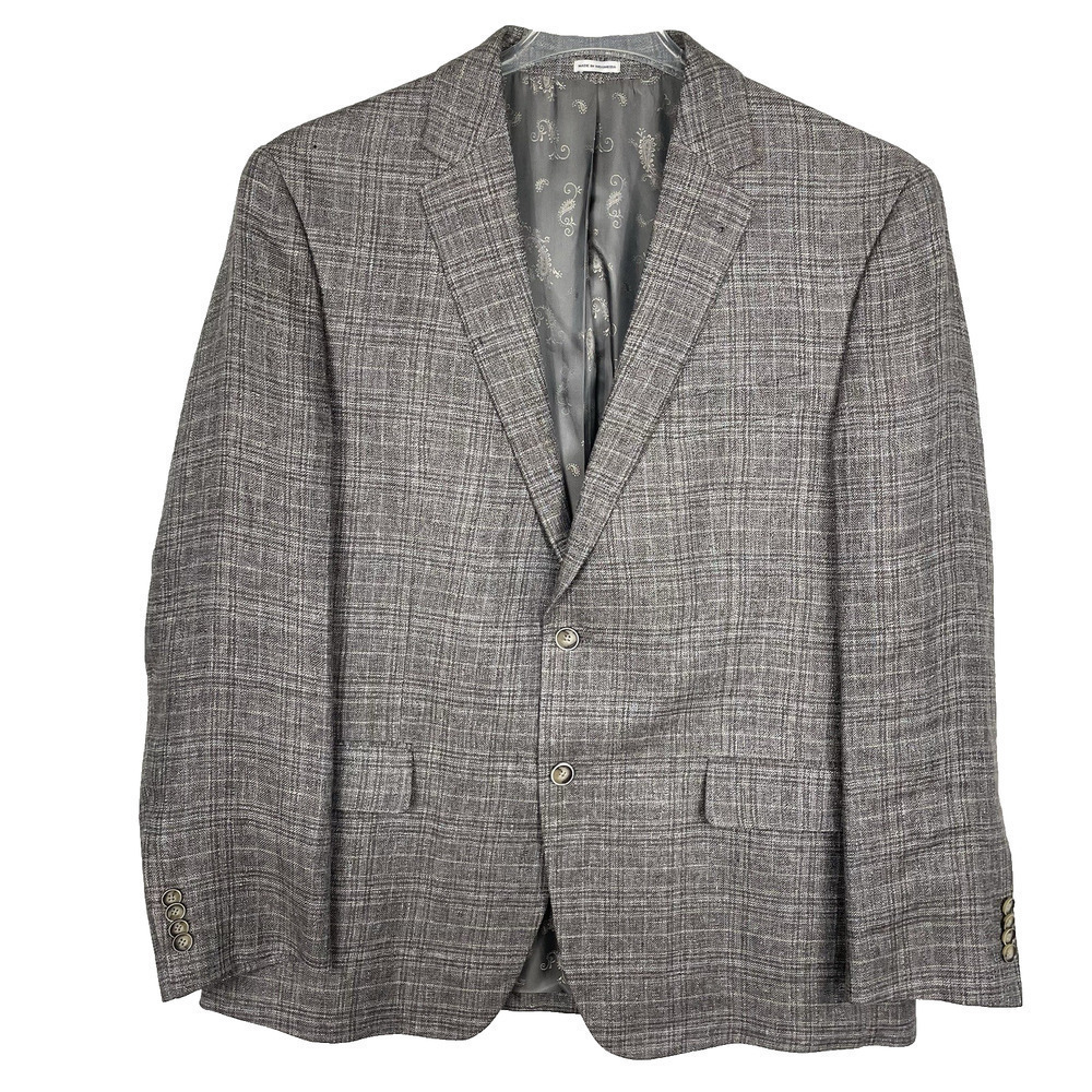 Joseph Abboud Linen Blazer Sport Coat Mens 44R Cocoa Plaid Beach Resort Business - Picture 1 of 15
